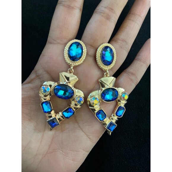 Dark blue earrings , big blue earrings , teal crystal blue Ab earrings teal gold - Picture 8 of 8